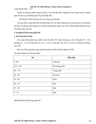 Ngô Hà Vũ-Nghĩa Hưng A- http://violet.vn/ngohavu/
Ngô Hà Vũ-Nghĩa Hưng A- http://violet.vn/ngohavu/ 86
5 gen IQ đặc biệt = 1/32
Người ta cũng giả thiết trong gia đình có gen IQ đặc biệt ở dạng lặn. Sự tổ hợp trong 1 trường
hợp nào đó tạo ra thể đồng hợp về gen IQ đặc biệt.
- Giả thuyết về đột biến gen và các tổ hợp gen đột biến.
Các quy luật và giả thiết nêu trên giải thích cho các hiện tượng xảy ra trong thực tế. Có gia đình
bố hoặc mẹ thông minh nhưng con lại bình thường; hay ngược lại, bố mẹ bình thường nhưng con lại
rất thông minh xuất sắc.
5. Sự phân bố IQ trong quần thể
a. Mô hình phân bố IQ
Các công trình nghiên cứu, điều tra đã cho thấy 95% dân số chung có chỉ số IQ giữa 70 - 130;
khoảng 2,3 - 2,5% có IQ dưới 70 và 2,3 - 2,5% có IQ trên 130. Chỉ 1 số rất ít có IQ dưới 60 hoặc
trên 150.
Như vậy, IQ trung bình trong quần thể người là 100, độ lệch chuẩn là 15IQ.
Sau đây là phân loại IQ theo Binet:
IQ Biểu hiện
≥ 140 Thiên tài
120 - 140 Rất thông minh
90 - 110 Trung bình
80 - 90 Hơi kém
70 - 80 Kém
50 - 70 Dốt
25 - 50 Đần
0 - 25 Ngu
Biểu đồ phân bố IQ trong quần thể:
 