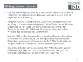 §  Das NGO-Meter startete 2011 mit 6 Teilnehmern. Inzwischen sind es 15
Teilnehmer, die halbjährlich ihre Daten zur Verfügung stellen. Dies ist
insgesamt die 7. Erhebung.!
§  Vorgehensweise der Erhebung: Die Daten werden halbjährlich online
abgefragt und anonymisiert ausgewertet. Jeder Teilnehmer erhält seine
Ergebnisse als PDF-Datei und die vollständigen anonymisierten
Gesamtergebnisse. Ein Teil dieser Gesamtergebnisse wird auf der
Webseite des betterplace labs veröffentlicht. !
§  Neu: Ab 2014 erfolgt die Auswertung anhand von Ergebnis-Intervallen.
Dies vereinfacht die Erhebung und ermöglicht eine übersichtlichere
Darstellung sowie bessere Einordnung für die NGOs. Dadurch ist die
Vergleichbarkeit zur Vorperiode diesmal jedoch eingeschränkt.!
§  Im Anhang beﬁnden sich die anonymisierten Antworttabellen aus der
Online-Umfrage. Hier kann u.a. entnommen werden, wie groß die
Stichprobe (der Rücklauf) bei den einzelnen Fragen war. !
!
33
Hintergrundinformationen!
 