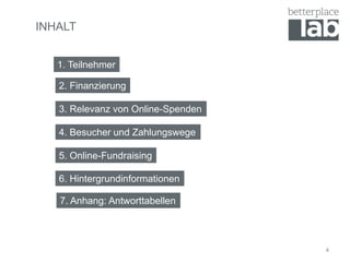 INHALT
2. Finanzierung
4. Besucher und Zahlungswege
3. Relevanz von Online-Spenden
5. Online-Fundraising
6. Hintergrundinformationen
4
1. Teilnehmer
7. Anhang: Antworttabellen
 