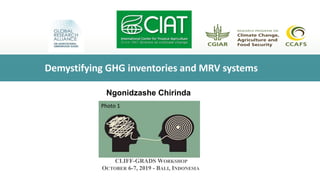 Ngonidzashe Chirinda
CLIFF-GRADS WORKSHOP
OCTOBER 6-7, 2019 - BALI, INDONESIA
Demystifying GHG inventories and MRV systems
Photo 1
 