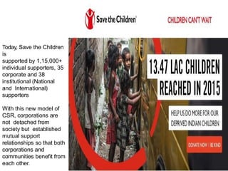 Today, Save the Children
is
supported by 1,15,000+
individual supporters, 35
corporate and 38
institutional (National
and International)
supporters
With this new model of
CSR, corporations are
not detached from
society but established
mutual support
relationships so that both
corporations and
communities benefit from
each other.
 