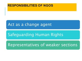 Act as a change agent
Safeguarding Human Rights
Representatives of weaker sections
RESPONSIBILITIES OF NGOS
 