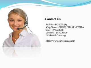Contact Us 
Address –POBOX 363 
City/Town- CHAKE CHAKE - PEMBA 
State- ZANZIBAR 
Country- TANZANIA 
ZIP/Postal Code- 255 
http://www.eaholiday.com/ 
