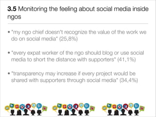 3.5 Monitoring the feeling about social media inside
ngos

• "my ngo chief doesn't recognize the value of the work we
  do on social media" (25,8%)

• "every expat worker of the ngo should blog or use social
  media to short the distance with supporters" (41,1%)

• "transparency may increase if every project would be
  shared with supporters through social media" (34,4%)
 