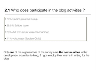 2.1 Who does participate in the blog activities ?

• 70% Communication bureau

• 26,5% Editors team

• 20% Aid workers or volounteer abroad

• 11% volounteer (Servizio Civile)




Only one of the organizations of the survey asks the communities in the
development countries to blog; 3 ngos employ their interns in writing for the
blog.
 