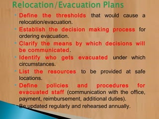  Define the thresholds that would cause a
relocation/evacuation.
 Establish the decision making process for
ordering evacuation.
 Clarify the means by which decisions will
be communicated.
 Identify who gets evacuated under which
circumstances.
 List the resources to be provided at safe
locations.
 Define policies and procedures for
evacuated staff (communication with the office,
payment, reimbursement, additional duties).
 Be updated regularly and rehearsed annually.
 