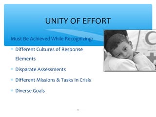 UNITY
OF EFFORT
Must Be Achieved While Recognizing:
 Different Cultures of Response

Elements
 Disparate Assessments

 Different Missions & Tasks In Crisis
 Diverse Goals

ADEL ABOUHANA

8

 