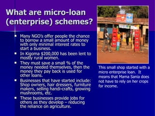 What are micro-loan (enterprise) schemes? Many NGO’s offer people the chance to borrow a small amount of money with only minimal interest rates to start a business.  In Kigoma $200,000 has been lent to mostly rural women. They must save a small % of the money needed themselves, then the money they pay back is used for other loans. Businesses that have started include: Shop owners, hair dressers, furniture makers, selling handi-crafts, growing mushrooms, etc. These businesses provide jobs for others as they develop – reducing the reliance on agriculture. This small shop started with a micro enterprise loan.  It means that Mama Sania does not have to rely on her crops for income. 