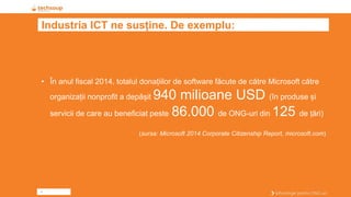 4
Industria ICT ne susține. De exemplu:
• În anul fiscal 2014, totalul donațiilor de software făcute de către Microsoft către
organizații nonprofit a depășit 940 milioane USD (în produse și
servicii de care au beneficiat peste 86.000 de ONG-uri din 125 de țări)
(sursa: Microsoft 2014 Corporate Citizenship Report, microsoft.com)
 