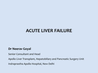 ACUTE LIVER FAILURE
Dr Neerav Goyal
Senior Consultant and Head
Apollo Liver Transplant, Hepatobiliary and Pancreatic Surgery Unit
Indraprastha Apollo Hospital, New Delhi
 