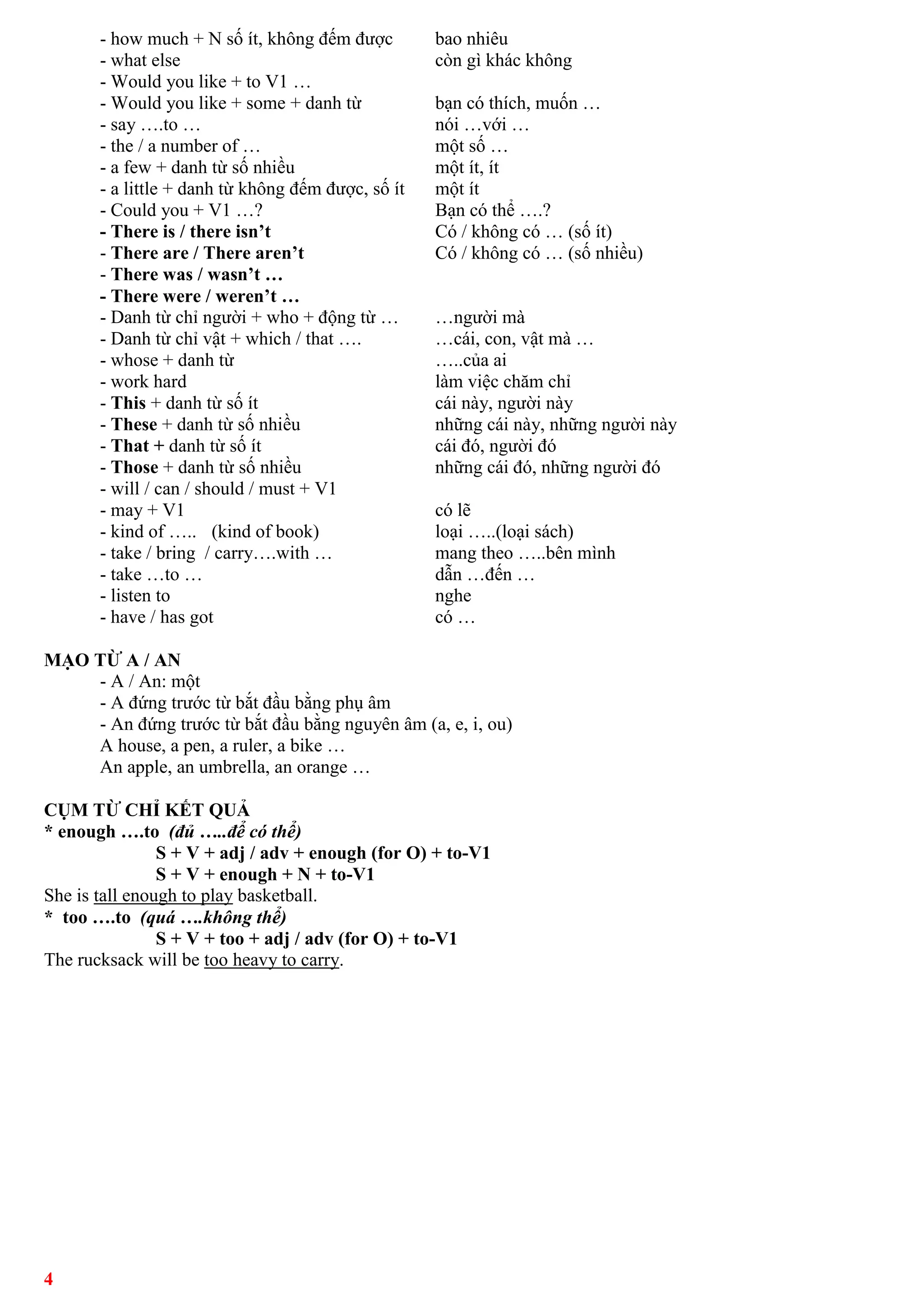 - how much + N số ít, không đếm được
- what else
- Would you like + to V1 …
- Would you like + some + danh từ
- say ….to …
- the / a number of …
- a few + danh từ số nhiều
- a little + danh từ không đếm được, số ít
- Could you + V1 …?
- There is / there isn’t
- There are / There aren’t
- There was / wasn’t …
- There were / weren’t …
- Danh từ chỉ người + who + động từ …
- Danh từ chỉ vật + which / that ….
- whose + danh từ
- work hard
- This + danh từ số ít
- These + danh từ số nhiều
- That + danh từ số ít
- Those + danh từ số nhiều
- will / can / should / must + V1
- may + V1
- kind of ….. (kind of book)
- take / bring / carry….with …
- take …to …
- listen to
- have / has got

bao nhiêu
còn gì khác không
bạn có thích, muốn …
nói …với …
một số …
một ít, ít
một ít
Bạn có thể ….?
Có / không có … (số ít)
Có / không có … (số nhiều)
…người mà
…cái, con, vật mà …
…..của ai
làm việc chăm chỉ
cái này, người này
những cái này, những người này
cái đó, người đó
những cái đó, những người đó
có lẽ
loại …..(loại sách)
mang theo …..bên mình
dẫn …đến …
nghe
có …

MẠO TỪ A / AN
- A / An: một
- A đứng trước từ bắt đầu bằng phụ âm
- An đứng trước từ bắt đầu bằng nguyên âm (a, e, i, ou)
A house, a pen, a ruler, a bike …
An apple, an umbrella, an orange …
CỤM TỪ CHỈ KẾT QUẢ
* enough ….to (đủ …..để có thể)
S + V + adj / adv + enough (for O) + to-V1
S + V + enough + N + to-V1
She is tall enough to play basketball.
* too ….to (quá ….không thể)
S + V + too + adj / adv (for O) + to-V1
The rucksack will be too heavy to carry.

4

 