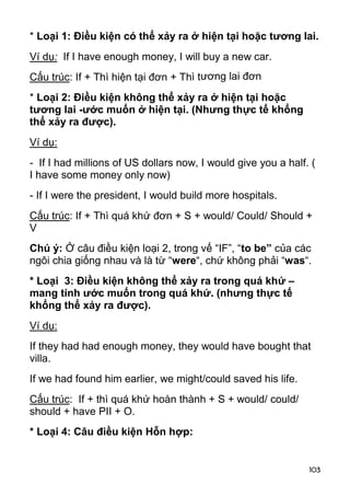 * Loại 1: Điều kiện có thể xảy ra ở hiện tại hoặc tương lai.
Ví dụ: If I have enough money, I will buy a new car.
Cấu trúc: If + Thì hiện tại đơn + Thì tương lai đơn
* Loại 2: Điều kiện không thể xảy ra ở hiện tại hoặc
tương lai -ước muốn ở hiện tại. (Nhưng thực tế khổng
thể xảy ra được).
Ví dụ:
- If I had millions of US dollars now, I would give you a half. (
I have some money only now)
- If I were the president, I would build more hospitals.
Cấu trúc: If + Thì quá khứ đơn + S + would/ Could/ Should +
V
Chú ý: Ở câu điều kiện loại 2, trong vế “IF”, “to be” của các
ngôi chia giống nhau và là từ “were“, chứ không phải “was“.
* Loại 3: Điều kiện không thể xảy ra trong quá khứ –
mang tính ước muốn trong quá khứ. (nhưng thực tế
khổng thể xảy ra được).
Ví dụ:
If they had had enough money, they would have bought that
villa.
If we had found him earlier, we might/could saved his life.
Cấu trúc: If + thì quá khứ hoàn thành + S + would/ could/
should + have PII + O.
* Loại 4: Câu điều kiện Hỗn hợp:


                                                               103
 