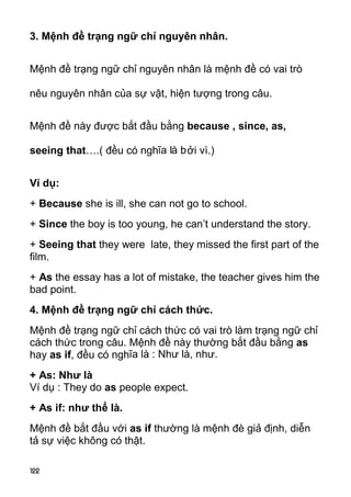 3. Mệnh đề trạng ngữ chỉ nguyên nhân.


Mệnh đề trạng ngữ chỉ nguyên nhân là mệnh đề có vai trò

nêu nguyên nhân của sự vật, hiện tượng trong câu.


Mệnh đề này được bắt đầu bằng because , since, as,

seeing that….( đều có nghĩa là bởi vì.)


Ví dụ:
+ Because she is ill, she can not go to school.
+ Since the boy is too young, he can’t understand the story.
+ Seeing that they were late, they missed the first part of the
film.
+ As the essay has a lot of mistake, the teacher gives him the
bad point.
4. Mệnh đề trạng ngữ chỉ cách thức.
Mệnh đề trạng ngữ chỉ cách thức có vai trò làm trạng ngữ chỉ
cách thức trong câu. Mệnh đề này thường bắt đầu bằng as
hay as if, đều có nghĩa là : Như là, như.
+ As: Như là
Ví dụ : They do as people expect.
+ As if: như thể là.
Mệnh đề bắt đầu với as if thường là mệnh đè giả định, diễn
tả sự việc không có thật.

122
 