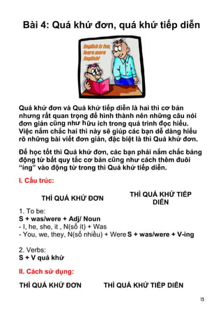 Bài 4: Quá khứ đơn, quá khứ tiếp diễn




Quá khứ đơn và Quá khứ tiếp diễn là hai thì cơ bản
nhưng rất quan trọng để hình thành nên những câu nói
đơn giản cũng như h ữu ích trong quá trình đọc hiểu.
Việc nắm chắc hai thì này sẽ giúp các bạn dễ dàng hiểu
rõ những bài viết đơn giản, đặc biệt là thì Quá khứ đơn.
Để học tốt thì Quá khứ đơn, các bạn phải nắm chắc bảng
động từ bất quy tắc cơ bản cũng như cách thêm đuôi
“ing” vào động từ trong thì Quá khứ tiếp diễn.
I. Cấu trúc:

                                   THÌ QUÁ KHỨ TIẾP
       THÌ QUÁ KHỨ ĐƠN
                                         DIỄN
1. To be:
S + was/were + Adj/ Noun
- I, he, she, it , N(số ít) + Was
- You, we, they, N(số nhiều) + Were S + was/were + V-ing

2. Verbs:
S + V quá khứ

II. Cách sử dụng:

THÌ QUÁ KHỨ ĐƠN            THÌ QUÁ KHỨ TIẾP DIỄN
                                                           13
 