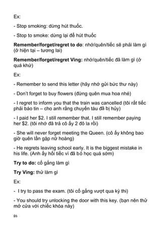 Ex:
- Stop smoking: dừng hút thuốc.
- Stop to smoke: dừng lại để hút thuốc
Remember/forget/regret to do: nhớ/quên/tiếc sẽ phải làm gì
(ở hiện tại – tương lai)
Remember/forget/regret Ving: nhớ/quên/tiếc đã làm gì (ở
quá khứ)
Ex:
- Remember to send this letter (hãy nhớ gửi bức thư này)
- Don’t forget to buy flowers (đừng quên mua hoa nhé)
- I regret to inform you that the train was cancelled (tôi rất tiếc
phải báo tin – cho anh rằng chuyến tàu đã b ị hủy)
- I paid her $2. I still remember that. I still remember paying
her $2. (tôi nhớ đã trả cô ấy 2 đô la rồi)
- She will never forget meeting the Queen. (cô ấy không bao
giờ quên lần gặp nữ hoàng)
- He regrets leaving school early. It is the biggest mistake in
his life. (Anh ấy hối tiếc vì đã bỏ học quá sớm)
Try to do: cố gắng làm gì
Try Ving: thử làm gì
Ex:
- I try to pass the exam. (tôi cố gắng vượt qua kỳ thi)
- You should try unlocking the door with this key. (bạn nên thử
mở cửa với chiếc khóa này)
26
 