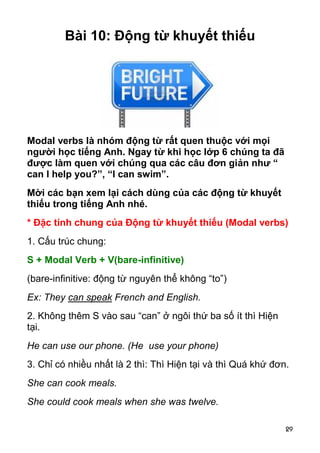Bài 10: Động từ khuyết thiếu




Modal verbs là nhóm động từ rất quen thuộc với mọi
người học tiếng Anh. Ngay từ khi học lớp 6 chúng ta đã
được làm quen với chúng qua các câu đơn giản như “
can I help you?”, “I can swim”.
Mời các bạn xem lại cách dùng của các động từ khuyết
thiếu trong tiếng Anh nhé.
* Đặc tính chung của Động từ khuyết thiếu (Modal verbs)
1. Cấu trúc chung:
S + Modal Verb + V(bare-infinitive)
(bare-infinitive: động từ nguyên thể không “to”)
Ex: They can speak French and English.
2. Không thêm S vào sau “can” ở ngôi thứ ba số ít thì Hiện
tại.
He can use our phone. (He use your phone)
3. Chỉ có nhiều nhất là 2 thì: Thì Hiện tại và thì Quá khứ đơn.
She can cook meals.
She could cook meals when she was twelve.

                                                              29
 