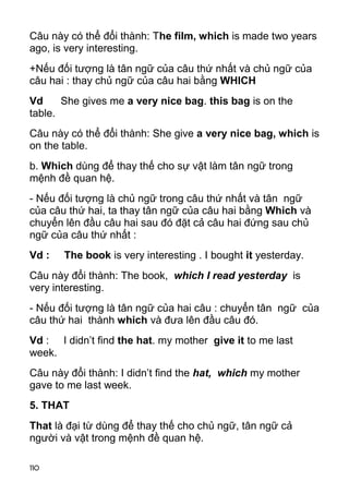 110
Câu này có thể đổi thành: The film, which is made two years
ago, is very interesting.
+Nếu đối tượng là tân ngữ của câu thứ nhất và chủ ngữ của
câu hai : thay chủ ngữ của câu hai bằng WHICH
Vd She gives me a very nice bag. this bag is on the
table.
Câu này có thể đổi thành: She give a very nice bag, which is
on the table.
b. Which dùng để thay thế cho sự vật làm tân ngữ trong
mệnh đề quan hệ.
- Nếu đối tượng là chủ ngữ trong câu thứ nhất và tân ngữ
của câu thứ hai, ta thay tân ngữ của câu hai bằng Which và
chuyển lên đầu câu hai sau đó đặt cả câu hai đứng sau chủ
ngữ của câu thứ nhất :
Vd : The book is very interesting . I bought it yesterday.
Câu này đổi thành: The book, which I read yesterday is
very interesting.
- Nếu đối tượng là tân ngữ của hai câu : chuyển tân ngữ của
câu thứ hai thành which và đưa lên đầu câu đó.
Vd : I didn’t find the hat. my mother give it to me last
week.
Câu này đổi thành: I didn’t find the hat, which my mother
gave to me last week.
5. THAT
That là đại từ dùng để thay thế cho chủ ngữ, tân ngữ cả
người và vật trong mệnh đề quan hệ.
 