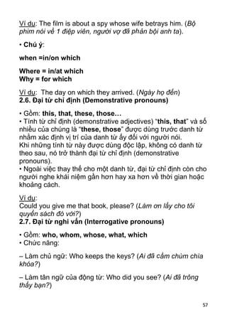 57
Ví dụ: The film is about a spy whose wife betrays him. (Bộ
phim nói về 1 điệp viên, người vợ đã phản bội anh ta).
• Chú ý:
when =in/on which
Where = in/at which
Why = for which
Ví dụ: The day on which they arrived. (Ngày họ đến)
2.6. Đại từ chỉ định (Demonstrative pronouns)
• Gồm: this, that, these, those…
• Tính từ chỉ định (demonstrative adjectives) “this, that” và số
nhiều của chúng là “these, those” được dùng trước danh từ
nhằm xác định vị trí của danh từ ấy đối với người nói.
Khi những tính từ này được dùng độc lập, không có danh từ
theo sau, nó trở thành đại từ chỉ định (demonstrative
pronouns).
• Ngoài việc thay thế cho một danh từ, đại từ chỉ định còn cho
người nghe khái niệm gần hơn hay xa hơn về thời gian hoặc
khoảng cách.
Ví dụ:
Could you give me that book, please? (Làm ơn lấy cho tôi
quyển sách đó với?)
2.7. Đại từ nghi vấn (Interrogative pronouns)
• Gồm: who, whom, whose, what, which
• Chức năng:
– Làm chủ ngữ: Who keeps the keys? (Ai đã cầm chùm chìa
khóa?)
– Làm tân ngữ của động từ: Who did you see? (Ai đã trông
thấy bạn?)
 