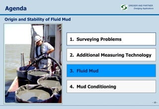 Agenda -   - 1.  Surveying Problems  2.  Additional Measuring Technology 3.  Fluid Mud 4.  Mud Conditioning Origin and Stability of Fluid Mud GREISER AND PARTNER Dredging Applications   