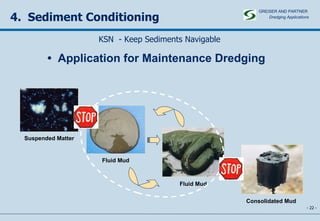 -   - 4.  Sediment Conditioning •  Application for Maintenance Dredging KSN  - Keep Sediments Navigable Suspended Matter Fluid Mud Fluid Mud Consolidated Mud GREISER AND PARTNER Dredging Applications   