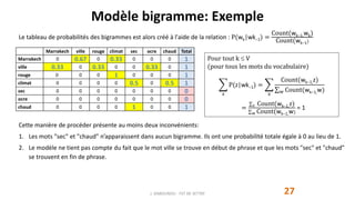 Modèle bigramme: Exemple
27J. DABOUNOU - FST DE SETTAT
Le tableau de probabilités des bigrammes est alors créé à l'aide de la relation : P(wk|wk−1) =
Count(wk−1,wk)
Count(wk−1)
Marrakech ville rouge climat sec ocre chaud Total
Marrakech 0 0.67 0 0.33 0 0 0 1
ville 0.33 0 0.33 0 0 0.33 0 1
rouge 0 0 0 1 0 0 0 1
climat 0 0 0 0 0.5 0 0.5 1
sec 0 0 0 0 0 0 0 0
ocre 0 0 0 0 0 0 0 0
chaud 0 0 0 0 1 0 0 1
Cette manière de procéder présente au moins deux inconvénients:
1. Les mots "sec" et "chaud" n’apparaissent dans aucun bigramme. Ils ont une probabilité totale égale à 0 au lieu de 1.
2. Le modèle ne tient pas compte du fait que le mot ville se trouve en début de phrase et que les mots "sec" et "chaud"
se trouvent en fin de phrase.
Pour tout k  V
(pour tous les mots du vocabulaire)
z
P(z|wk−1) =
z
Count(wk−1,z)
w Count(wk−1,w)
= z Count(wk−1,z)
w Count(wk−1,w)
= 1
 