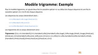 Modèle trigramme: Exemple
31
Pour le modèle trigramme, on ajoute deux fois le caractère spécial <s> au début de chaque séquence et une fois le
caractère spécial </s> à la fin de chaque séquence.
Les séquences du corpus deviendront alors :
<s><s>Marrakech ville rouge climat sec</s>
<s><s>Marrakech ville ocre</s>
<s><s>Ville Marrakech climat chaud sec</s>
Les trigrammes de ce corpus deviennent ainsi :
Trigrammes: {(<s>,<s>,marrakech),(<s>,marrakech,ville),(marrakech,ville,rouge), (ville,rouge,climat), (rouge,climat,sec),
(climat,sec,</s>),(marrakech,ville,ocre), (ville,ocre,</s>),(<s>,<s>,ville),(<s>,ville,marrakech),(ville,marrakech,climat),
(marrakech,climat,chaud),(climat,chaud,sec),(chaud,sec,</s>)}
J. DABOUNOU - FST DE SETTAT
 