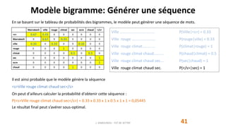 Modèle bigramme: Générer une séquence
41J. DABOUNOU - FST DE SETTAT
En se basant sur le tableau de probabilités des bigrammes, le modèle peut générer une séquence de mots.
Marrakech ville rouge climat sec ocre chaud </s>
<s> 0.67 0.33 0 0 0 0 0 0
Marrakech 0 0.67 0 0.33 0 0 0 0
ville 0.33 0 0.33 0 0 0.33 0 0
rouge 0 0 0 1 0 0 0 0
climat 0 0 0 0 0.5 0 0.5 0
sec 0 0 0 0 0 0 0 1
ocre 0 0 0 0 0 0 0 1
chaud 0 0 0 0 1 0 0 0
Il est ainsi probable que le modèle génère la séquence
<s>Ville rouge climat chaud sec</s>
On peut d'ailleurs calculer la probabilité d'obtenir cette séquence :
P(<s>Ville rouge climat chaud sec</s>) = 0.33 x 0.33 x 1 x 0.5 x 1 x 1 = 0,05445
Le résultat final peut s’avérer sous-optimal.
Ville ……………………………… P(Ville|<s>) = 0.33
Ville rouge …………………… P(rouge|ville) = 0.33
Ville rouge climat…………. P(climat|rouge) = 1
Ville rouge climat chaud………. P(chaud|climat) = 0.5
Ville rouge climat chaud sec…. P(sec|chaud) = 1
Ville rouge climat chaud sec. P(</s>|sec) = 1
 
