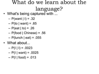 What do we learn about the
              language?
• What's being captured with ...
  –   P(want | I) = .32
  –   P(to | want) = .65
  –   P(eat | to) = .26
  –   P(food | Chinese) = .56
  –   P(lunch | eat) = .055
• What about...
  – P(I | I) = .0023
  – P(I | want) = .0025
  – P(I | food) = .013
 