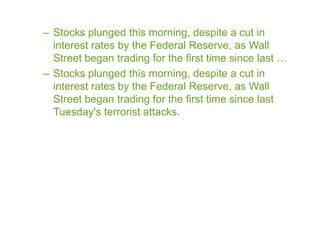 – Stocks plunged this morning, despite a cut in
  interest rates by the Federal Reserve, as Wall
  Street began trading for the first time since last …
– Stocks plunged this morning, despite a cut in
  interest rates by the Federal Reserve, as Wall
  Street began trading for the first time since last
  Tuesday's terrorist attacks.
 