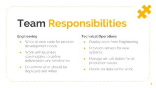 Engineering
● Write all new code for product
development needs
● Work with business
stakeholders to define
deliverables and timeframes
● Determine what should be
deployed and when
Team Responsibilities
Technical Operations
● Deploy code from Engineering
● Provision servers for new
systems
● Manage on-call duties for all
production issues
● Hands-on data center work
9
 