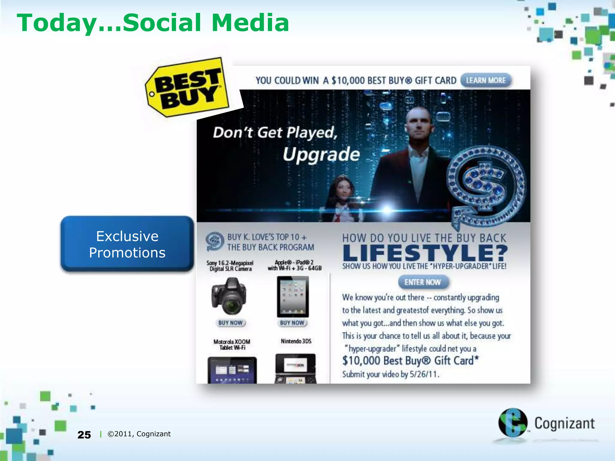 20Today…TabletsShould they be treated as a phone, desktop, or what?21 percent of all mobile traffic is coming from tablets – Shop.org/Forrester SurveyIn the near future Mobile Apps won’t lure the tablet users anymore , retailers have to think of very innovative ways to retain customers.By 2014, one out of every five U.S. consumers will own a tablet computer (Harris Interactive)