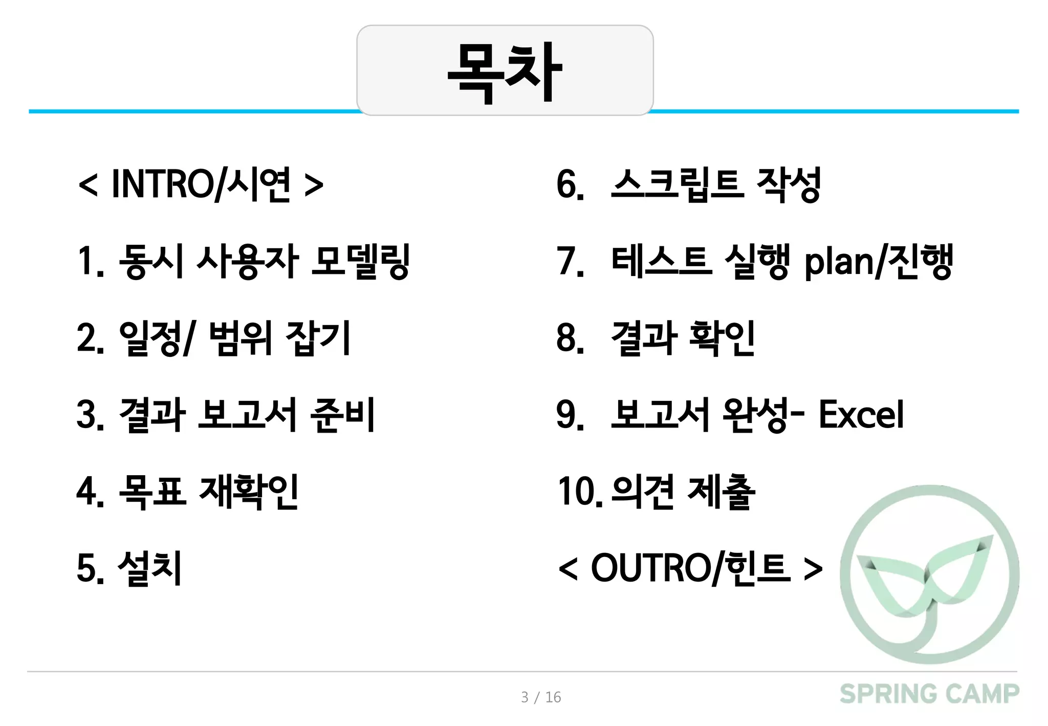 3 / 16
< INTRO/시연 >
1. 동시 사용자 모델링
2. 일정/ 범위 잡기
3. 결과 보고서 준비
4. 목표 재확인
5. 설치
목차
6. 스크립트 작성
7. 테스트 실행 plan/진행
8. 결과 확인
9. 보고서 완성- Excel
10.의견 제출
< OUTRO/힌트 >
 