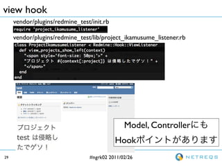 view hook
     vendor/plugins/redmine_test/init.rb

     vendor/plugins/redmine_test/lib/project_ikamusume_listener.rb




                                              Model, Controller
                                           Hook
29                              #ngrk02 2011/02/26
 