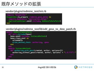 vendor/plugins/redmine_test/init.rb




     vendor/plugins/redmine_test/lib/add_geso_to_date_patch.rb




32                              #ngrk02 2011/02/26
 