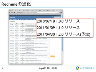 Redmine


          2010/07/18 1.0.0
          2011/01/09 1.1.0
          2011/04/30 1.2.0      (   )




8          #ngrk02 2011/02/26
 