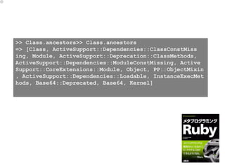 >> Class.ancestors>> Class.ancestors
=> [Class, ActiveSupport::Dependencies::ClassConstMiss
ing, Module, ActiveSupport::Deprecation::ClassMethods,
ActiveSupport::Dependencies::ModuleConstMissing, Active
Support::CoreExtensions::Module, Object, PP::ObjectMixin
, ActiveSupport::Dependencies::Loadable, InstanceExecMet
hods, Base64::Deprecated, Base64, Kernel]
 