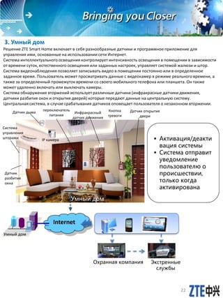 3. Умный дом
Решение ZTE Smart Home включает в себя разнообразные датчики и программное приложение для
управления ими, основанные на использовании сети Интернет.
Система интеллектуального освещения контролирует интенсивность освещения в помещении в зависимости
от времени суток, естественного освещения или заданных настроек, управляет системой жалюзи и штор.
Система видеонаблюдения позволяет записывать видео в помещении постоянно или в определенное
заданное время. Пользователь может просматривать данные с видеокамер в режиме реального времени, а
также за определенный промежуток времени со своего мобильного телефона или планшета. Он также
может удаленно включать или выключать камеры.
Система обнаружения вторжений использует различные датчики (инфракрасные датчики движения,
датчики разбития окон и открытия дверей) которые передают данные на центральную систему.
Центральная система, в случае срабатывания датчиков оповещает пользователя о незаконном вторжении.
Internet
Датчик дыма Кнопка
тревоги
Система
управления
шторами
Датчик
разбития
окна
переключатель
питания
Умный дом
 Активация/деакти
вация системы
 Система отправит
уведомление
пользователю о
происшествии,
только когда
активирована
Умный дом
Инфракрасный
датчик движения
Охранная компания Экстренные
службы
Датчик открытия
двери
IP камера
22
 