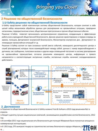 2 Решение по общественной безопасности
1.U-Safety решение по общественной безопасности
2. Достижения
Решение по общественной безопасности U-Safety названо Frost & Sullivan в 2013 году решением No1 в
отрасли.
Входит в десятку лучших национальных компаний, занимающихся разработками систем безопасности, 2012
год
В сентябре 2011 года национальная сеть безопасности для полиции Маврикия была полностью запущена в
коммерческую эксплуатацию.
В 2011году, ZTE выиграло тендер на строительство системы безопасного города в Марселе, Франция.
…
U-Safety представляет собой комплексную систему общественной безопасности, которая сочетает в себе
целый набор механизмов обработки данных для реагирования на чрезвычайные ситуации, природные
катаклизмы, террористические атаки, общественные преступления и прочие общественные события.
Решение U-Safety помогает организовать централизованное управление, координацию и эффективную
работу всех учреждений общественной безопасности. Данное решение ориентировано в первую очередь на
армию, полицию, Департамент внутренней безопасности, Министерство внутренних дел, Департамент по
ликвидации чрезвычайных ситуаций и т.д.
Решение U-Safety состоит из трех основных частей (места событий, командного диспетчерского центра и
служб реагирования) которые тесно взаимодействуют между собой: данные с камер видеонаблюдения и
датчиков, смс сообщения, голосовые вызовы и другие виды оповещений поступают в систему реагирования
на чрезвычайные происшествия; согласно решениям командного центра, информация о тревоге
направляется в соответствующие экстренные службы; экстренные службы начинают скоординированно
действовать.
5
Пожарная служба
Полиция
МЧС
Диспетчерский центр
IP сеть
Место
событий
Службы экстренного
реагирования
Чрезвычайное
событие или
природный
катаклизм
Система видеонаблюдения
Проводная
магистральная
сеть доступа
Данные с
датчиков,
голосовые
вызовы, SMS,
MMS, Email, и тд.
Управление
Беспроводная
LTE/GOTA сеть
Обмен
данными
Менеджмент
событий.
Web порталПолучение
оповещений с
датчиков
Командный
центр
Видеонаблюдение
Видео
конференция
Интеллектуальный
анализ
Диспетчерская
консоль
Монитор
событий
Монитор
местности
система реагирования на
чрезвычайные происшествия
 