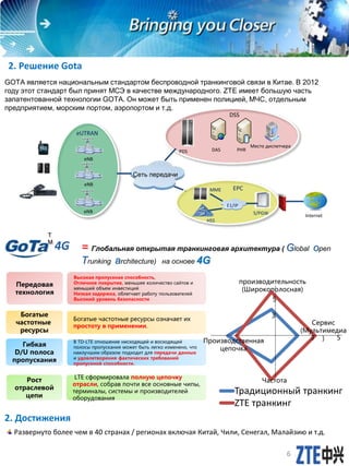 2. Решение Gota
2. Достижения
Развернуто более чем в 40 странах / регионах включая Китай, Чили, Сенегал, Малайзию и т.д.
В TD-LTE отношение нисходящей и восходящей
полосы пропускания может быть легко изменено, что
наилучшим образом подходит для передачи данных
и удовлетворения фактических требований
пропускной способности.
Богатые частотные ресурсы означает их
простоту в применении.
Богатые
частотные
ресурсы
Гибкая
D/U полоса
пропускания
Высокая пропускная способность,
Отличное покрытие, меньшее количество сайтов и
меньший объем инвестиций
Низкая задержка, облегчает работу пользователей
Высокий уровень безопасности
Передовая
технология
LTE сформировала полную цепочку
отрасли, собрав почти все основные чипы,
терминалы, системы и производителей
оборудования
Рост
отраслевой
цепи
Традиционный транкинг
ZTE транкинг
производительность
(Широкополосная)
Производственная
цепочка
Сервис
(Мультимедиа
)
Частота
53
3
5
= Глобальная открытая транкинговая архитектура ( Global open
Trunking architecture) на основе 4G
T
M
4G
DSS
PHRDAS
Место диспетчера
PDS
S/PGW
MME EPC
HSS
E1/IP
Internet
Сеть передачи
eNB
eNB
eNB
eUTRAN
GOTA является национальным стандартом беспроводной транкинговой связи в Китае. В 2012
году этот стандарт был принят МСЭ в качестве международного. ZTE имеет большую часть
запатентованной технологии GOTA. Он может быть применен полицией, МЧС, отдельным
предприятием, морским портом, аэропортом и т.д.
6
 