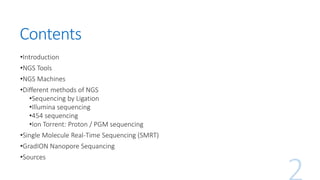 Contents
•Introduction
•NGS Tools
•NGS Machines
•Different methods of NGS
•Sequencing by Ligation
•Illumina sequencing
•454 sequencing
•Ion Torrent: Proton / PGM sequencing
•Single Molecule Real-Time Sequencing (SMRT)
•GradION Nanopore Sequancing
•Sources
 