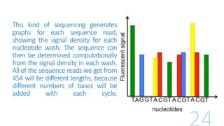 This kind of sequencing generates
graphs for each sequence read,
showing the signal density for each
nucleotide wash. The sequence can
then be determined computationally
from the signal density in each wash.
All of the sequence reads we get from
454 will be different lengths, because
different numbers of bases will be
added with each cycle.
 
