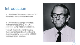 Introduction
In 1953 James Watson and Francis Crick
described the double helix of DNA.
In 1977 Frederick Sanger invented a
method for sequencing the DNA
sequence using dideoxynucleosides.
Through this method and via using
fluorescence tagged nucleotides and
chromatography, sequencing 600-800
bp sequences is possible.
 