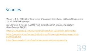 Sources
Wong, L.-J. C., 2013. Next Generation Sequencing: Translation to Clinical Diagnostics.
1st ed. NewYork: springer
Jay Shendure & Hanlee Ji, 2008. Next-generation DNA sequencing. Nature
Biotechnology, 26(10).
https://www.genewiz.com/en/Public/Services/Next-Generation-Sequencing
https://www.ebi.ac.uk/training/online/course/ebi-next-generation-sequencing-
practical-course
https://nanoporetech.com/applications/dna-nanopore-sequencing
 