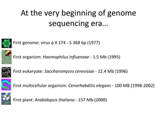 At the very beginning of genome
sequencing era…
• First genome: virus  X 174 - 5 368 bp (1977)
• First organism: Haemophilus influenzae - 1.5 Mb (1995)
• First eukaryote: Saccharomyces cerevisiae - 12.4 Mb (1996)
• First multicellular organism: Cenorhabditis elegans - 100 MB (1998-2002)
• First plant: Arabidopsis thaliana - 157 Mb (2000)
 