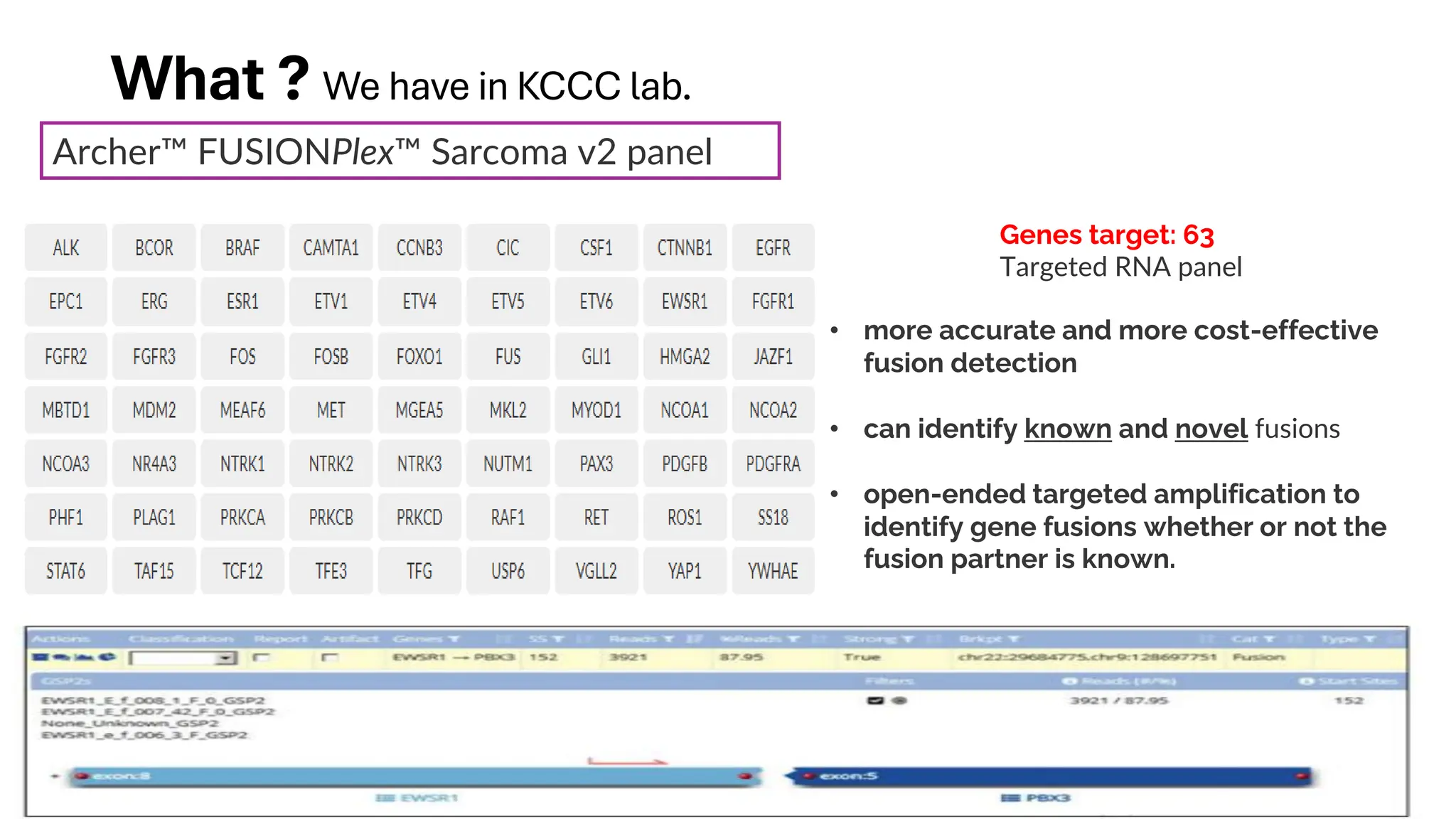 What ? We have in KCCC lab.
• more accurate and more cost-effective
fusion detection
• can identify known and novel fusions
• open-ended targeted amplification to
identify gene fusions whether or not the
fusion partner is known.
Genes target: 63
Targeted RNA panel
Archer FUSIONPlex Sarcoma v2 panel