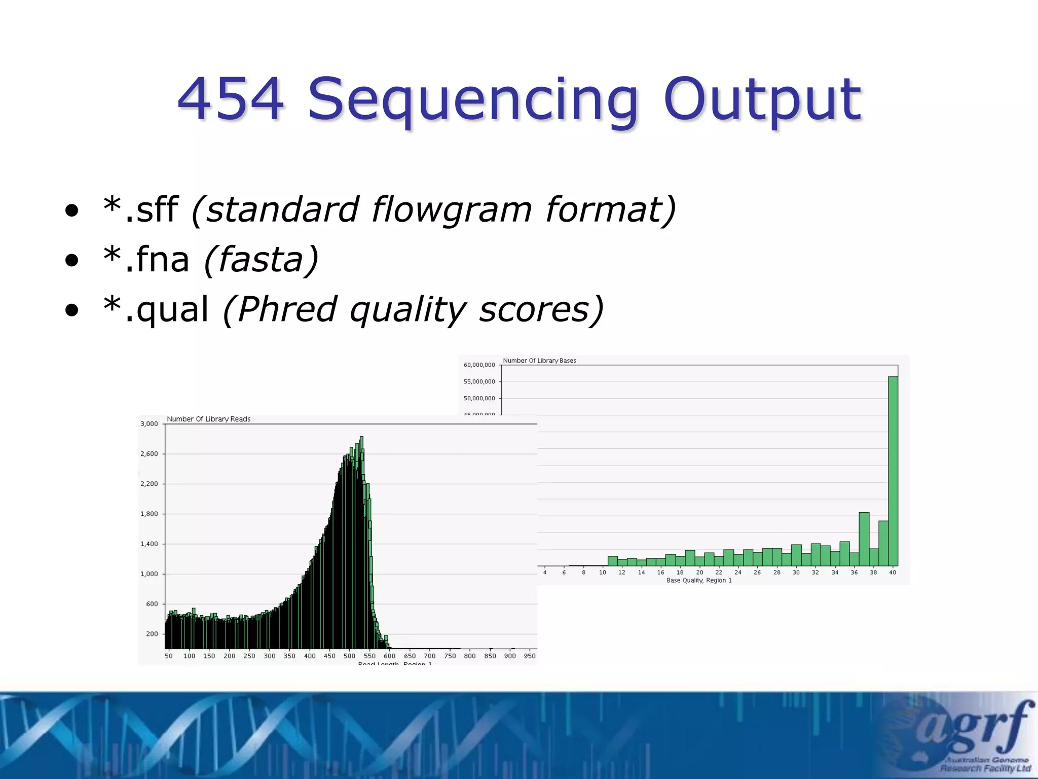 454 Sequencing Output
• *.sff (standard flowgram format)
• *.fna (fasta)
• *.qual (Phred quality scores)
 