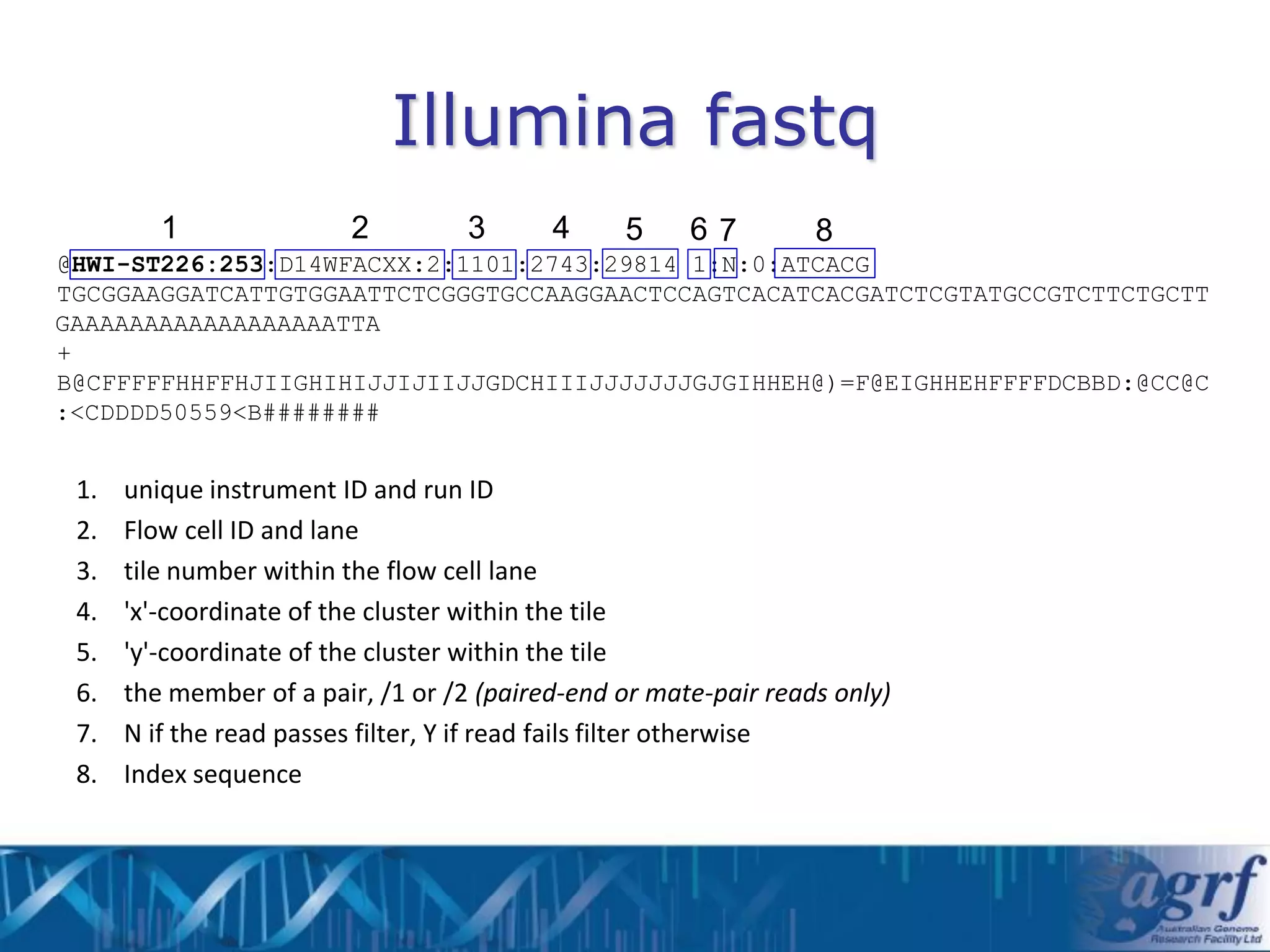 Illumina fastq
         1               2          3      4     5     67         8
@HWI-ST226:253:D14WFACXX:2:1101:2743:29814 1:N:0:ATCACG
TGCGGAAGGATCATTGTGGAATTCTCGGGTGCCAAGGAACTCCAGTCACATCACGATCTCGTATGCCGTCTTCTGCTT
GAAAAAAAAAAAAAAAAAATTA
+
B@CFFFFFHHFFHJIIGHIHIJJIJIIJJGDCHIIIJJJJJJJGJGIHHEH@)=F@EIGHHEHFFFFDCBBD:@CC@C
:<CDDDD50559<B########


 1.   unique instrument ID and run ID
 2.   Flow cell ID and lane
 3.   tile number within the flow cell lane
 4.   'x'-coordinate of the cluster within the tile
 5.   'y'-coordinate of the cluster within the tile
 6.   the member of a pair, /1 or /2 (paired-end or mate-pair reads only)
 7.   N if the read passes filter, Y if read fails filter otherwise
 8.   Index sequence
 