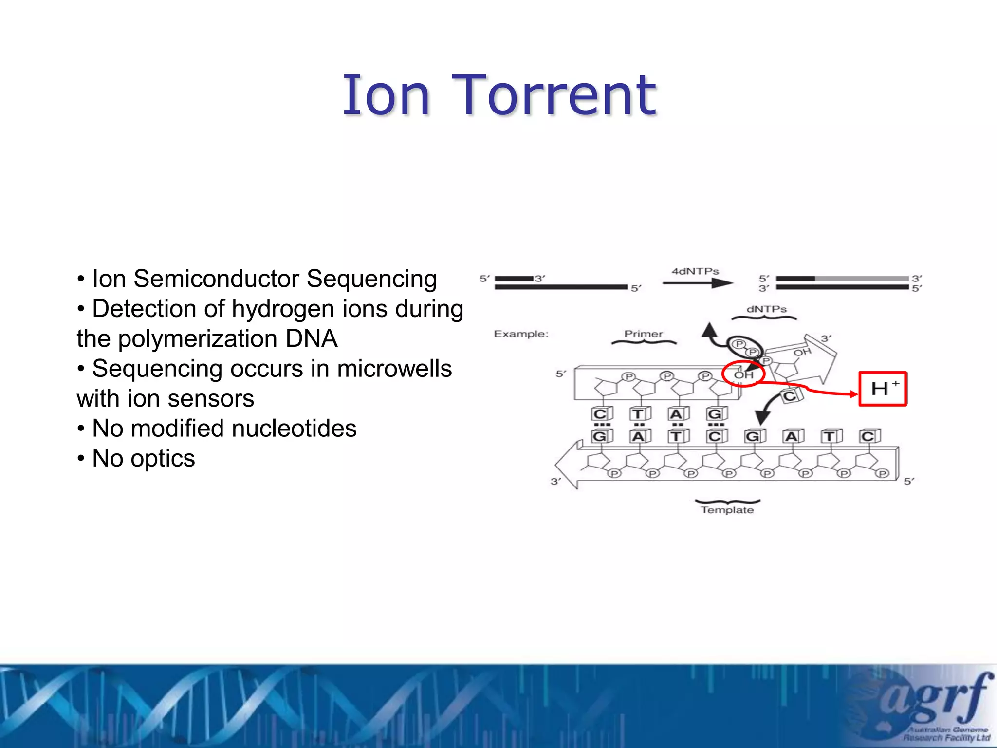 Ion Torrent


• Ion Semiconductor Sequencing
• Detection of hydrogen ions during
the polymerization DNA
• Sequencing occurs in microwells
with ion sensors
• No modified nucleotides
• No optics
 