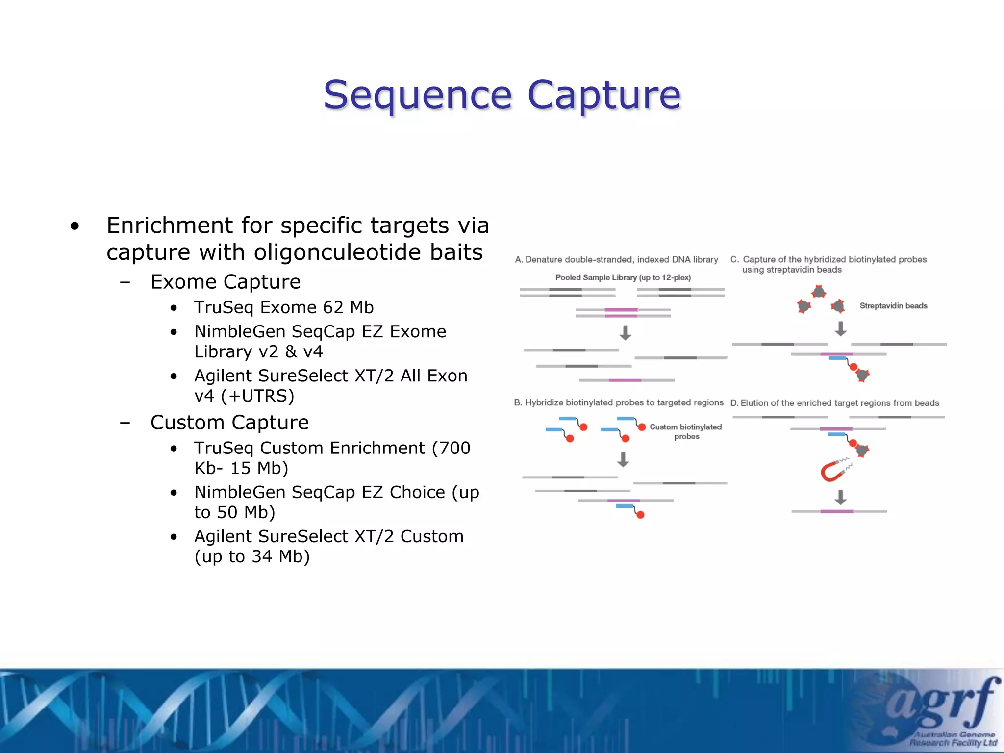 Sequence Capture


•   Enrichment for specific targets via
    capture with oligonculeotide baits
     – Exome Capture
         • TruSeq Exome 62 Mb
         • NimbleGen SeqCap EZ Exome
           Library v2 & v4
         • Agilent SureSelect XT/2 All Exon
           v4 (+UTRS)
     – Custom Capture
         • TruSeq Custom Enrichment (700
           Kb- 15 Mb)
         • NimbleGen SeqCap EZ Choice (up
           to 50 Mb)
         • Agilent SureSelect XT/2 Custom
           (up to 34 Mb)
 