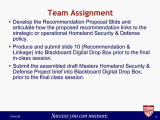 Team Assignment Develop the Recommendation Proposal Slide and articulate how the proposed recommendation links to the strategic or operational Homeland Security & Defense policy. Produce and submit slide 10 (Recommendation & Linkage) into Blackboard Digital Drop Box prior to the final in-class session. Submit the assembled draft Masters Homeland Security & Defense Project brief into Blackboard Digital Drop Box, prior to the final class session. 